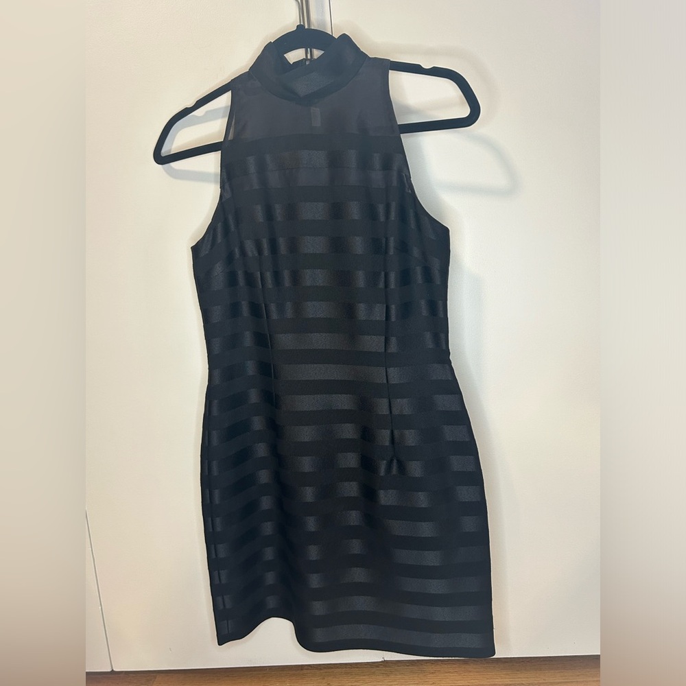 Carmen Marc Valvo black mini dress with stripes and halter top